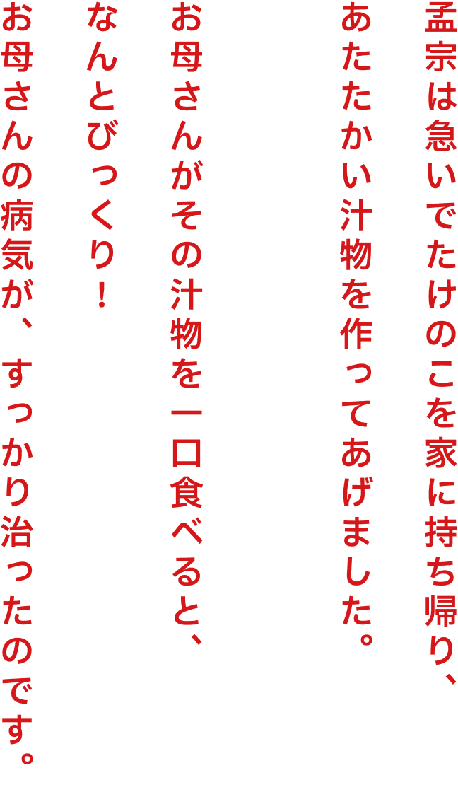 孟宗は急いでたけのこを家に持ち帰り、あたたかい汁物を作ってあげました。お母さんがその汁物を一口食べると、なんとびっくり！お母さんの病気が、すっかり治ったのです。